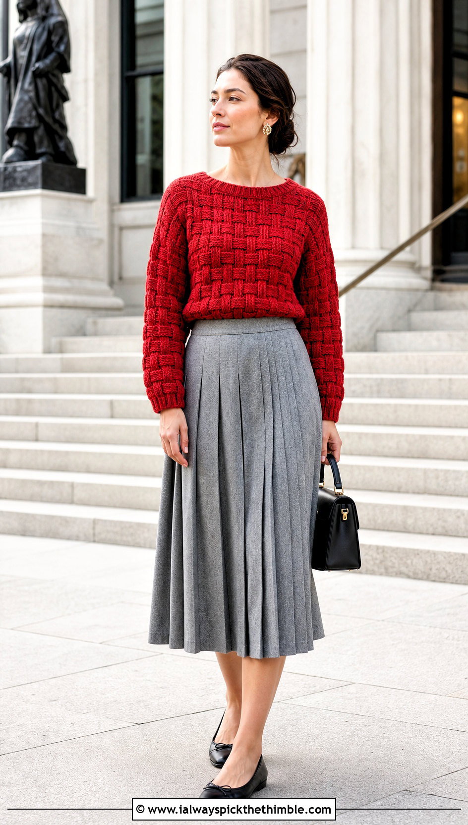 Basketweave Celtic Sweater With Pleated Midi Skirt - 15 Crochet Celtic Sweater outfit ideas