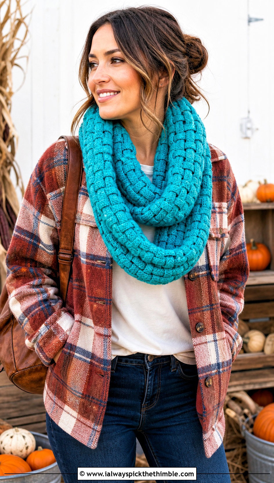 Basketweave Chunky Crochet Infinity Scarf With Shacket - 20 Chunky Crochet Infinity Scarf outfit ideas