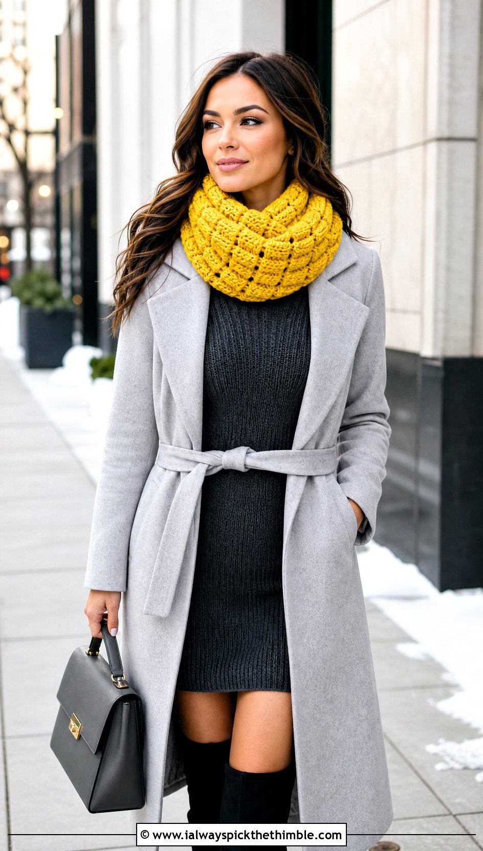 Basketweave Chunky Yarn Crochet Cowl With Sweater Dress And Boots - 20 Chunky Yarn Crochet Cowl outfit ideas