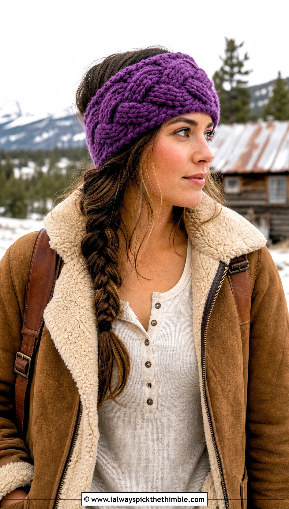 Basketweave Chunky Yarn Crochet Ear Warmer With Shearling Jacket - 20 chunky yarn crochet ear warmer outfit ideas