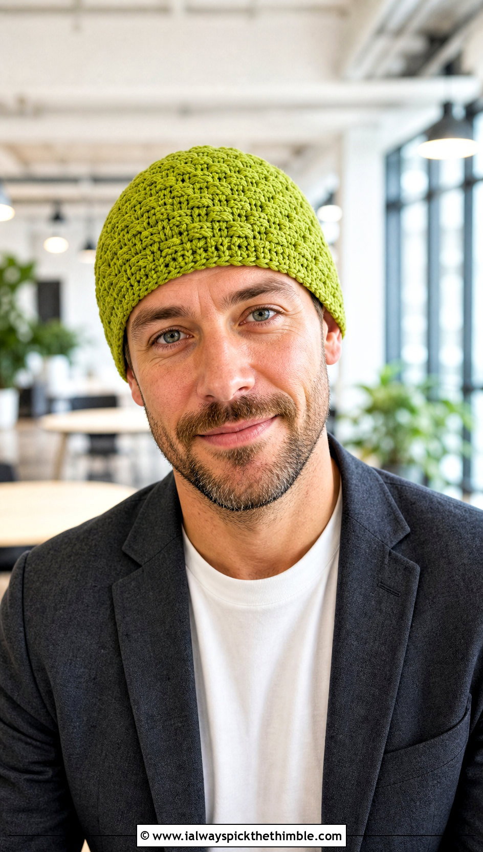 Basketweave Crochet Beanie With Blazer And Jeans - 20 easy crochet beanie for men outfit ideas