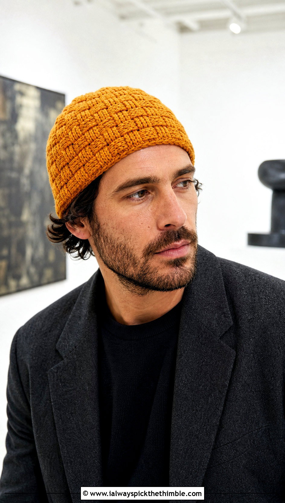 Basketweave Crochet Beanie With Blazer - 20 easy men's crochet beanie outfit ideas