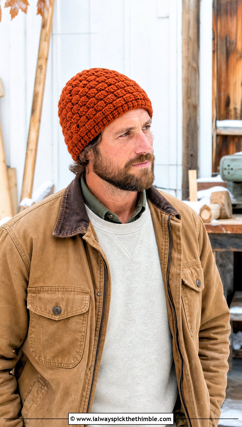 Basketweave Crochet Beanie With Canvas Work Jacket - 20 mens winter crochet hats outfit ideas