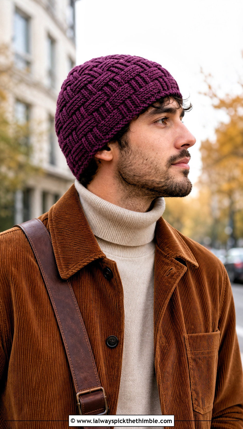Basketweave Crochet Beanie With Corduroy Jacket - 25 mens crochet beanie outfit ideas
