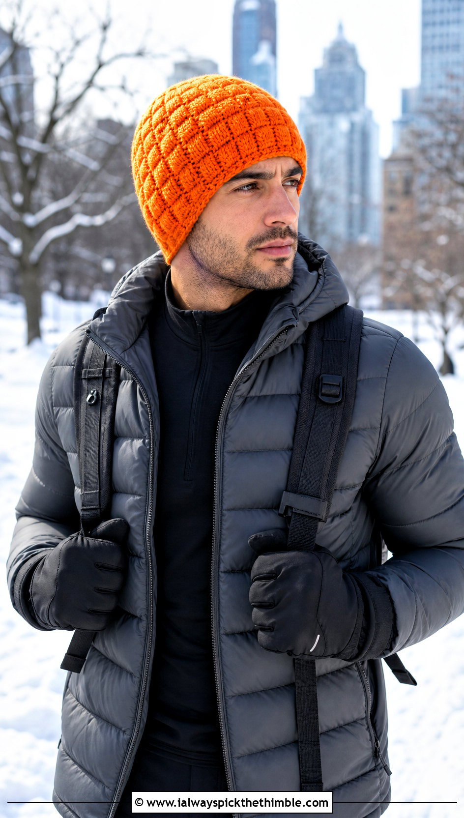 Basketweave Crochet Beanie With Puffer Jacket - 20 Easy Mens Crochet Beanie outfit ideas