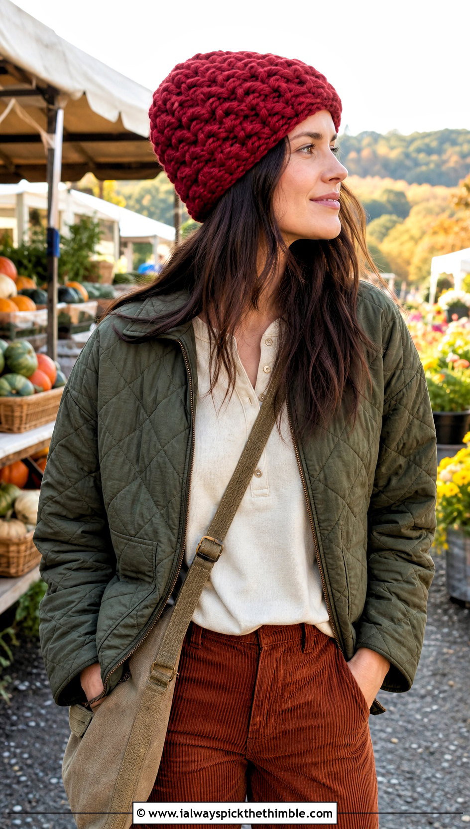 Basketweave Crochet Beanie With Quilted Jacket And Corduroy Pants - 20 bulky yarn crochet beanie outfit ideas