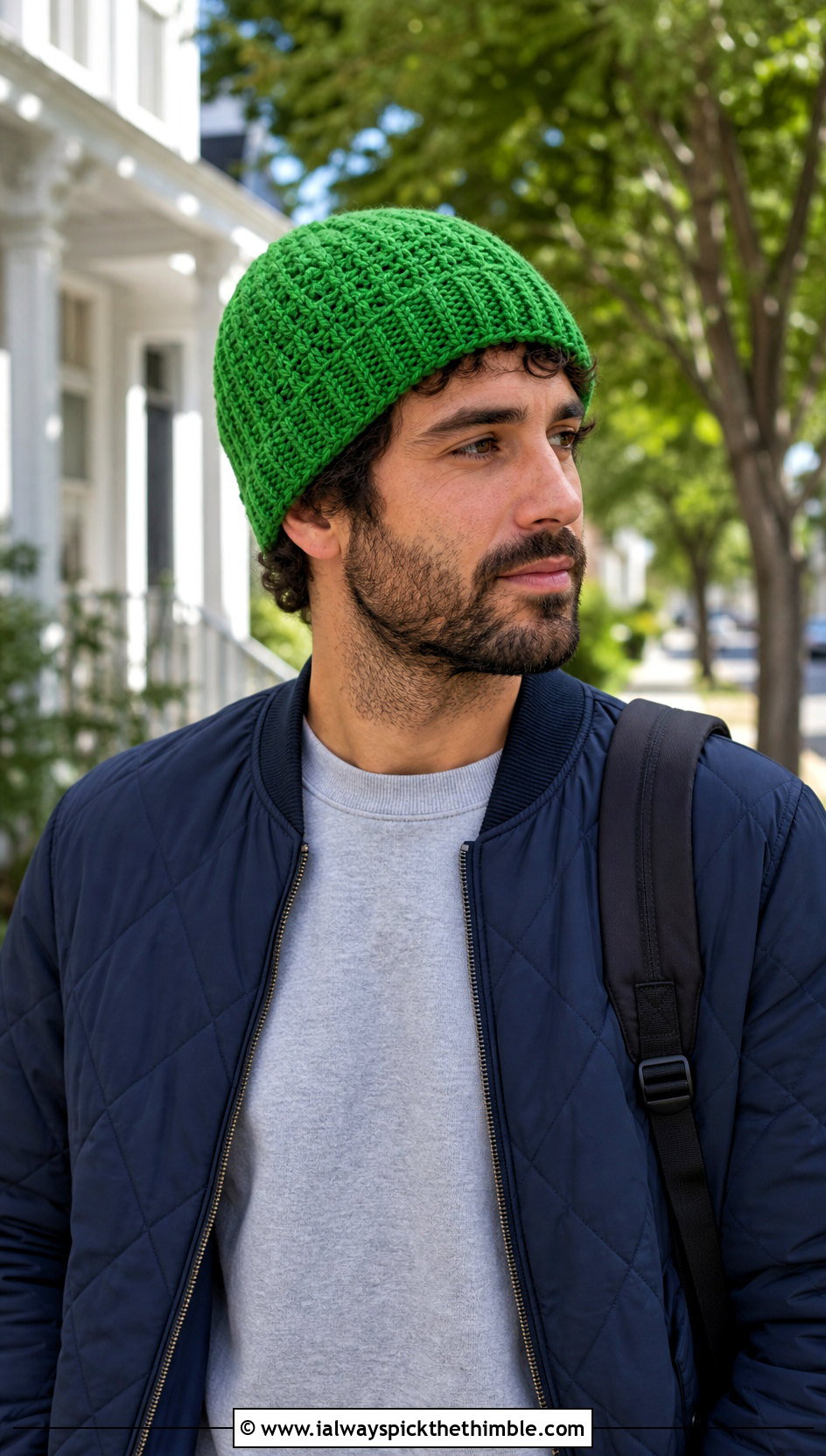 Basketweave Crochet Beanie With Quilted Jacket - 25 crochet beanie for men outfit ideas
