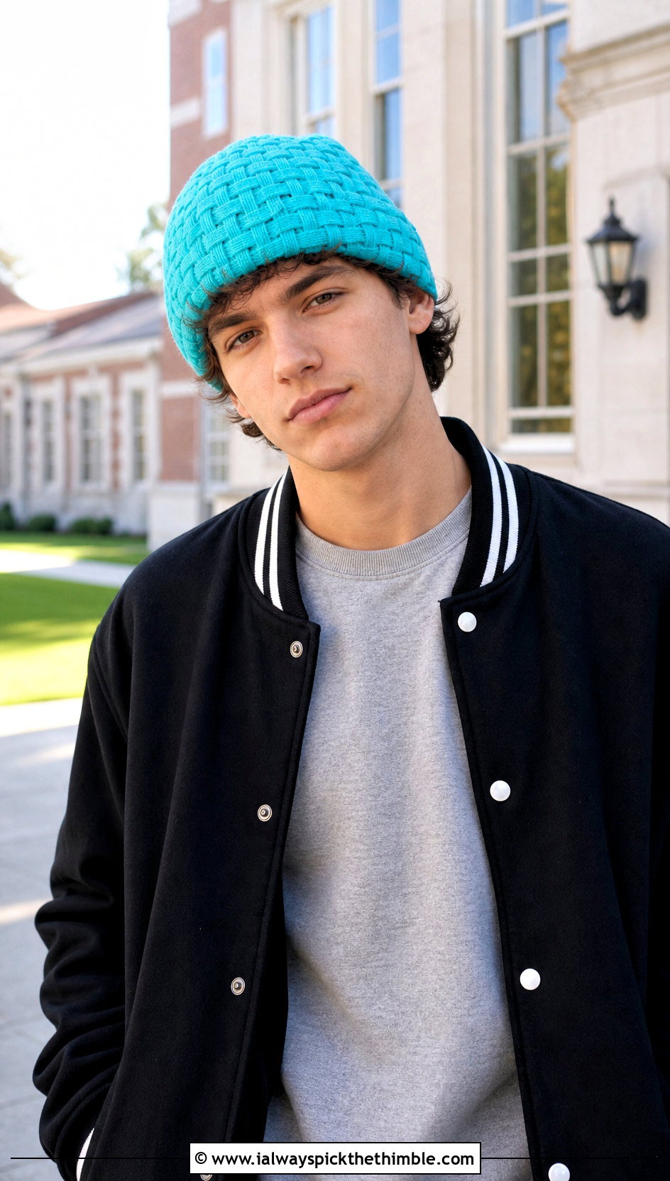 Basketweave Crochet Beanie With Varsity Jacket - 20 crochet man beanie outfit ideas