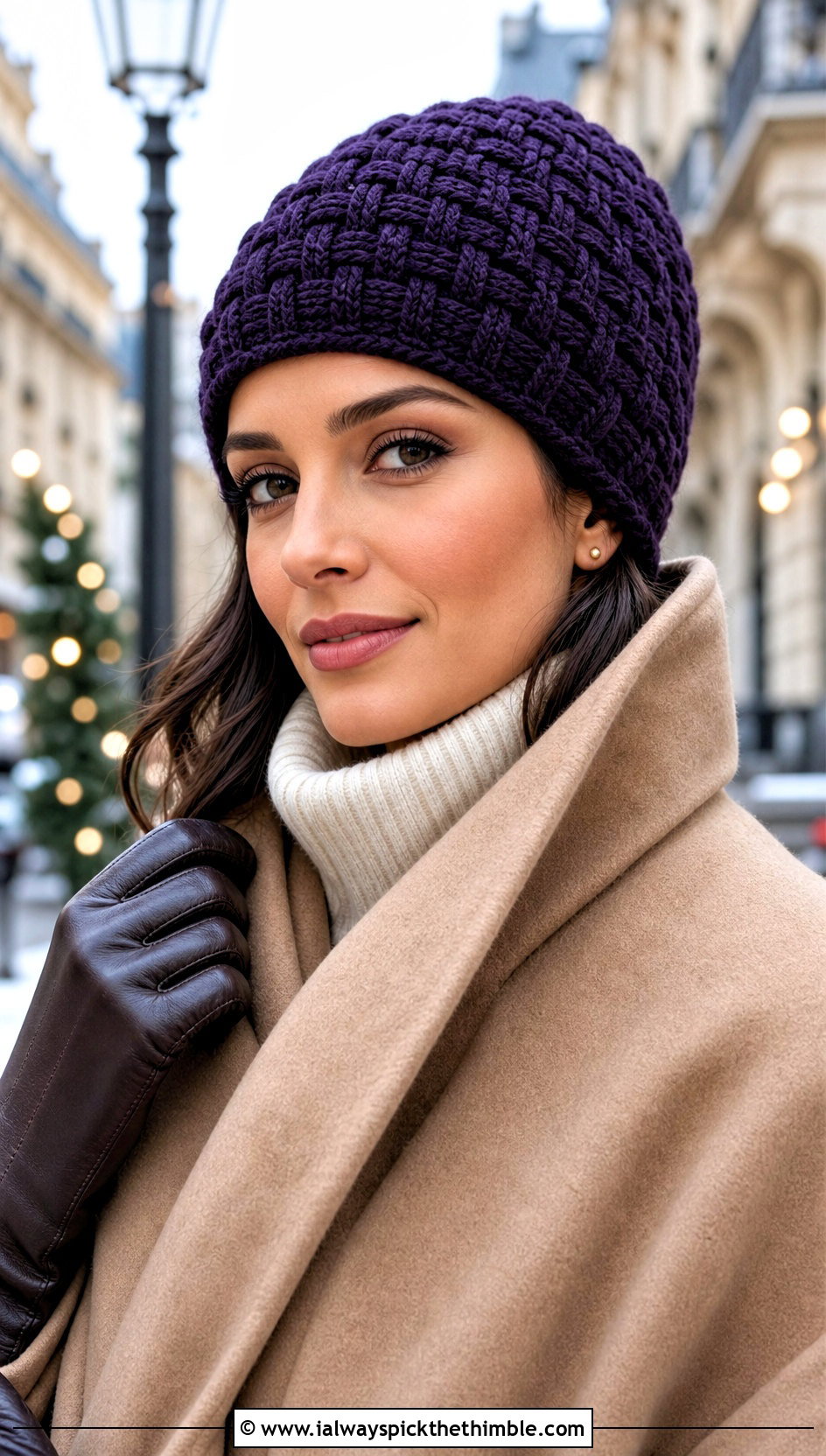Basketweave Crochet Beanie With Wool Coat - 15 Crochet Textured Beanie outfit ideas