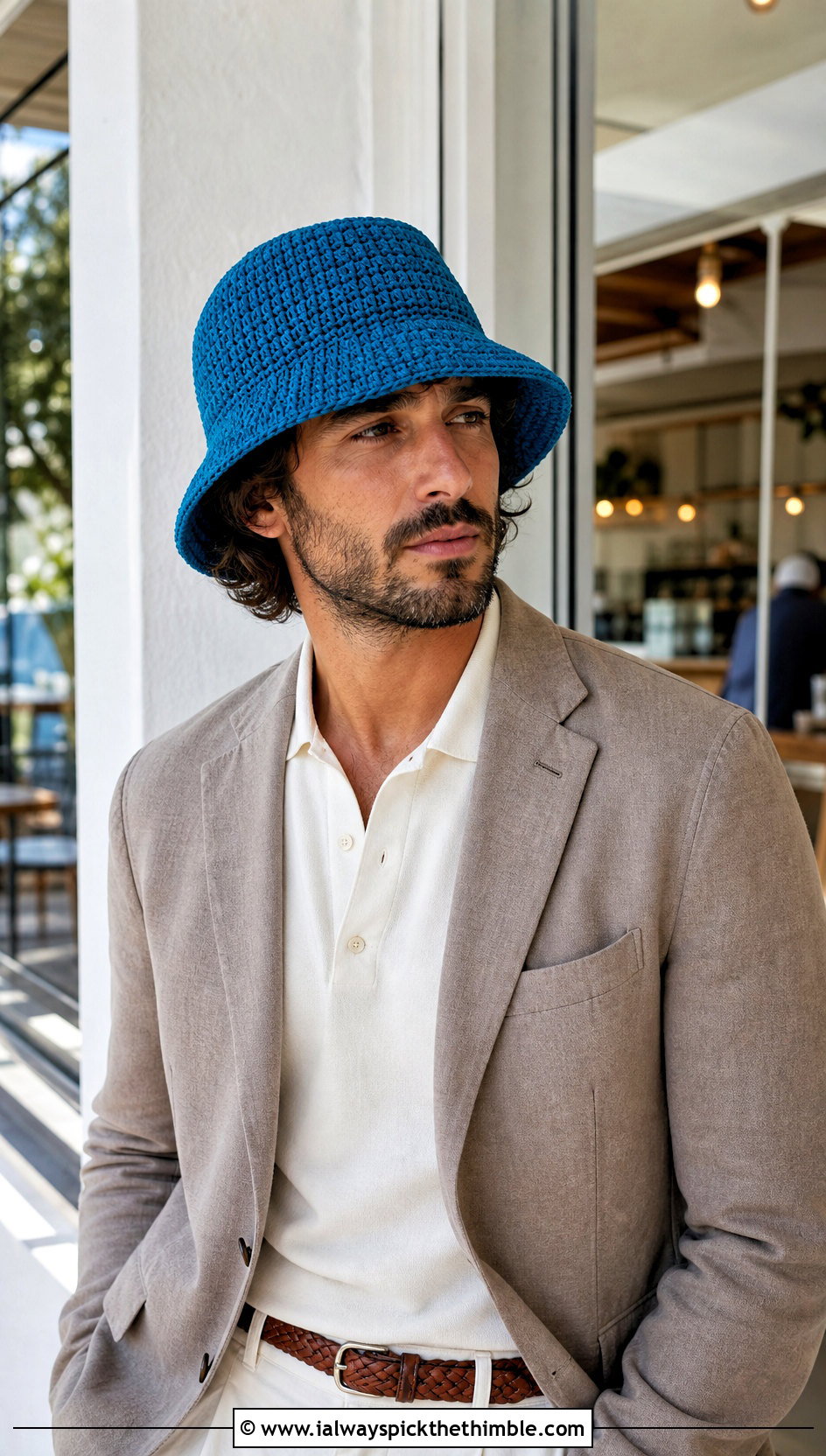 Basketweave Crochet Bucket Hat With Blazer And Chinos - 20 crochet bucket hat men outfit ideas