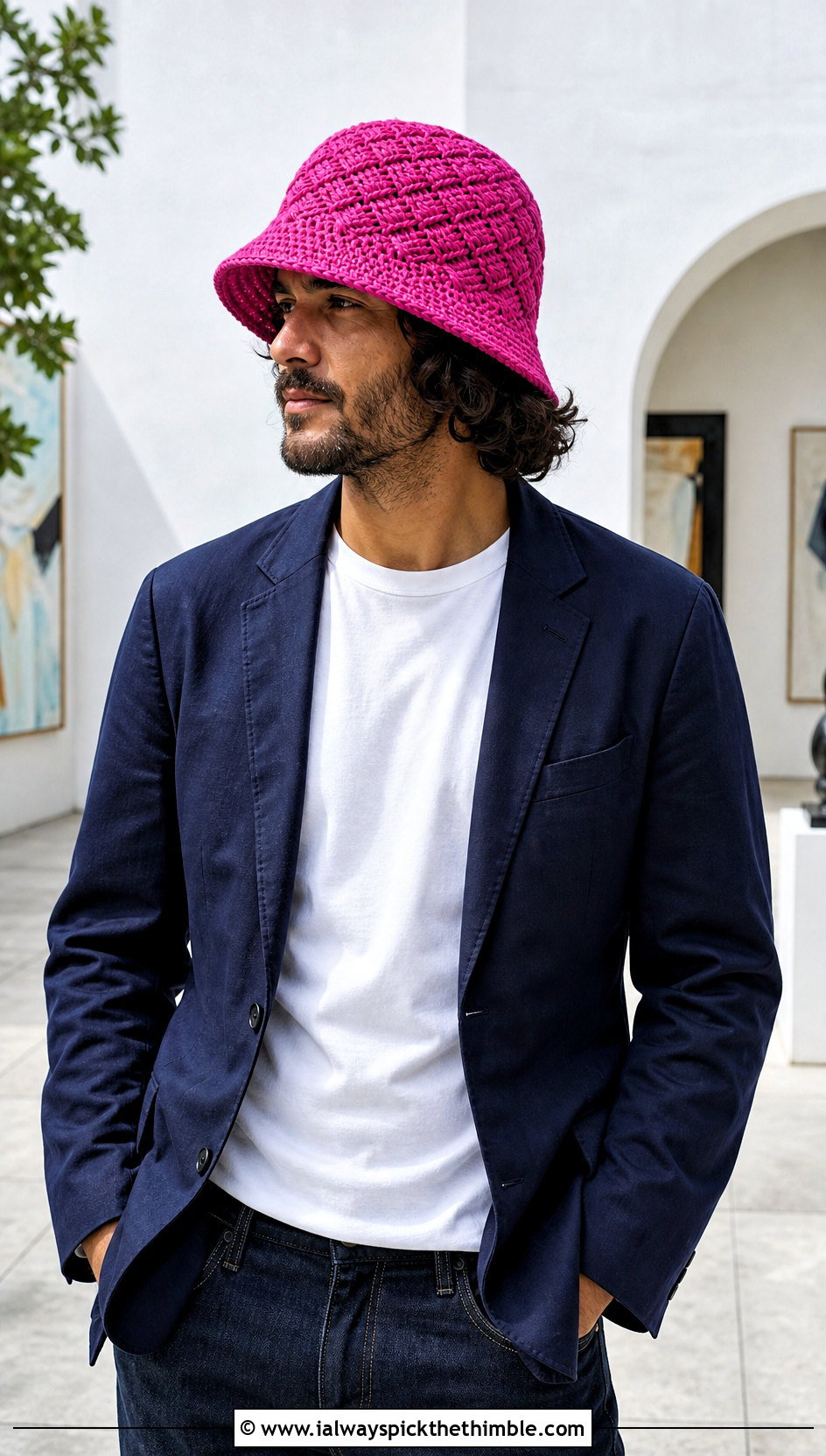 Basketweave Crochet Bucket Hat With Navy Blazer And Jeans - 25 men crochet bucket hat outfit ideas
