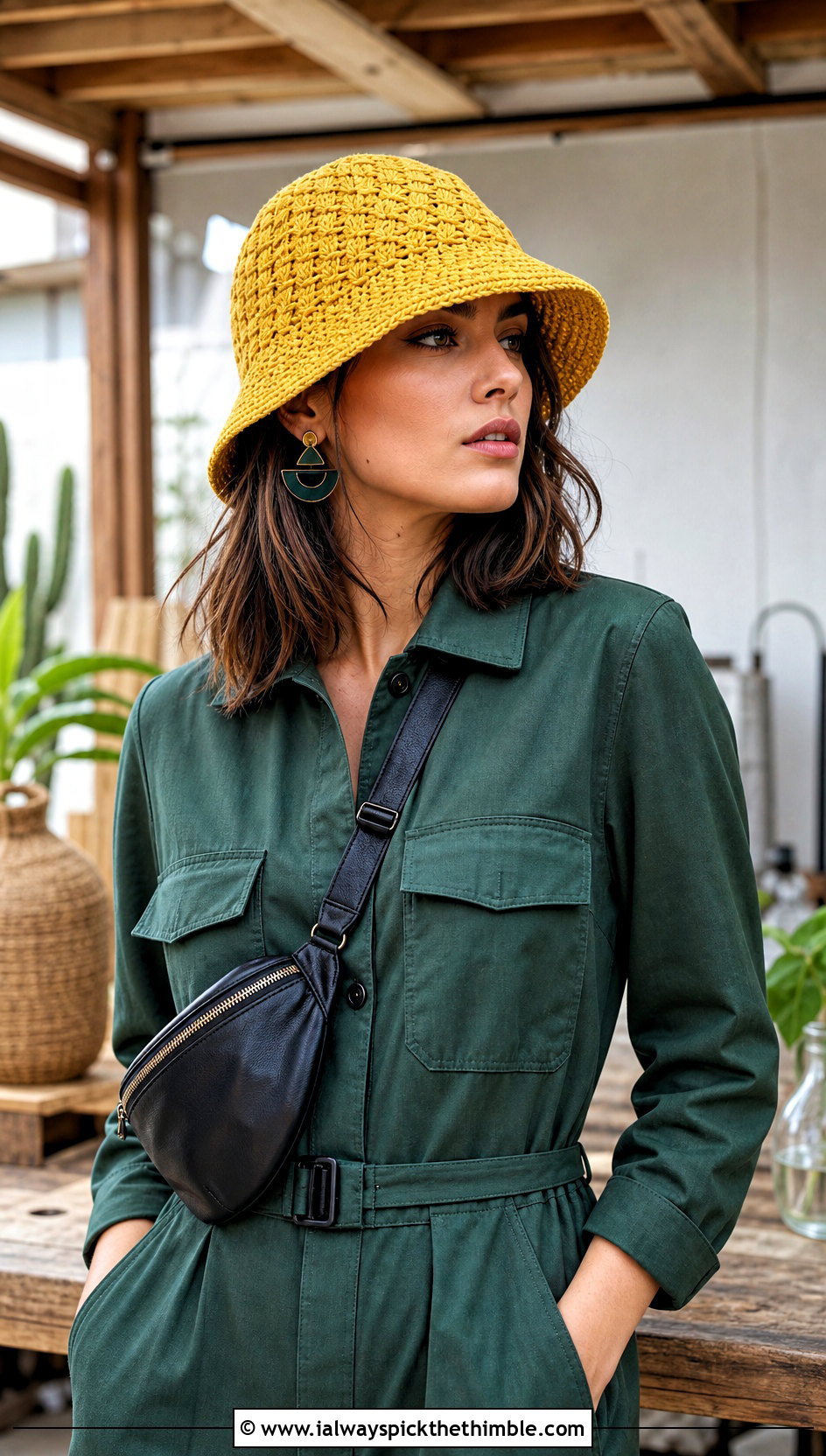 Basketweave Crochet Bucket Hat With Utility Jumpsuit - 20 Crochet Bucket Hat For Women outfit ideas