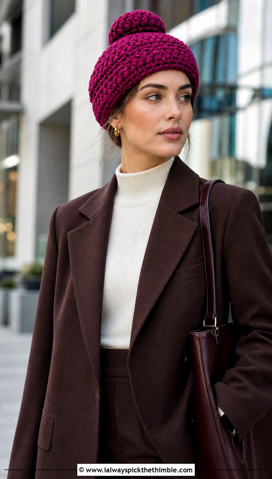 Basketweave Crochet Bun Hat With Tailored Suit - 15 Crochet Bun Hats outfit ideas