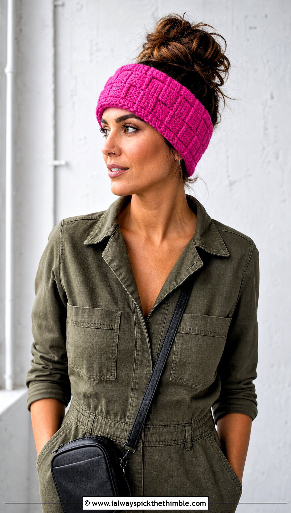 Basketweave Crochet Chunky Ear Warmer With Utility Jumpsuit - 20 Crochet Chunky Ear Warmer outfit ideas