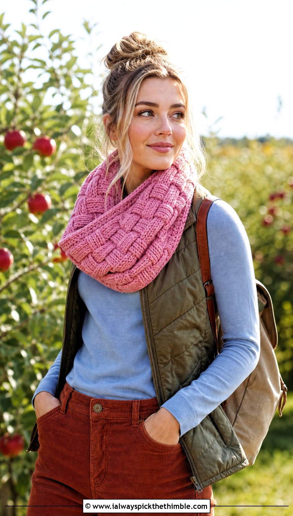 Basketweave Crochet Cowl Scarf With Quilted Vest - 25 crochet cowell scarf outfit ideas