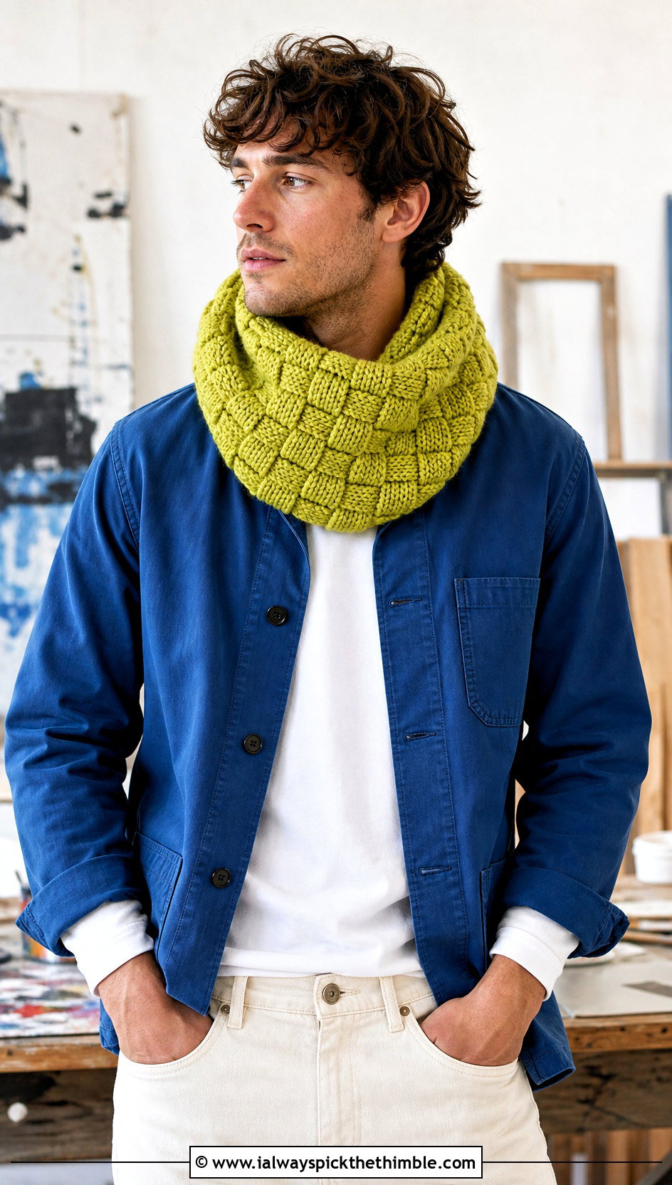 Basketweave Crochet Cowl With Chore Coat - 20 crochet cowl for men outfit ideas