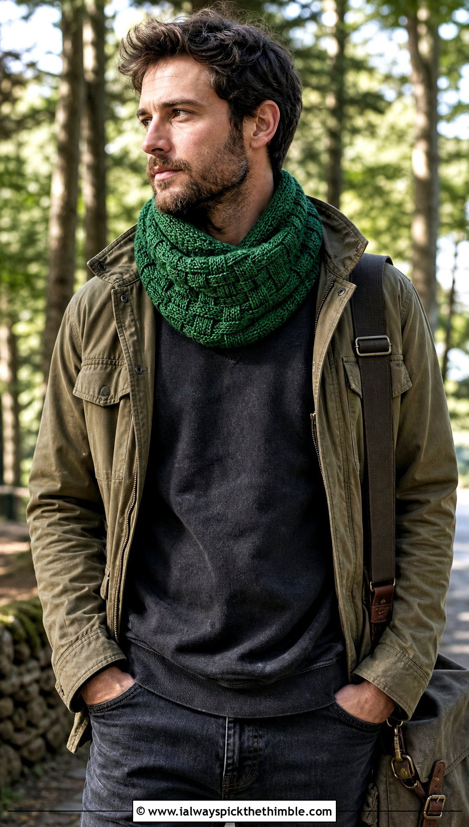 Basketweave Crochet Cowl With Field Jacket - 20 Men Crochet Cowl outfit ideas