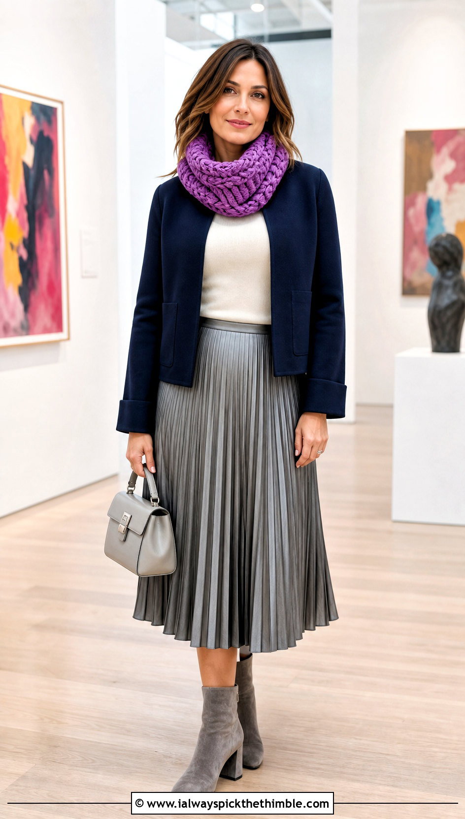 Basketweave Crochet Cowl With Pleated Midi Skirt - 20 Wool Ease Thick And Quick Crochet Cowl outfit ideas