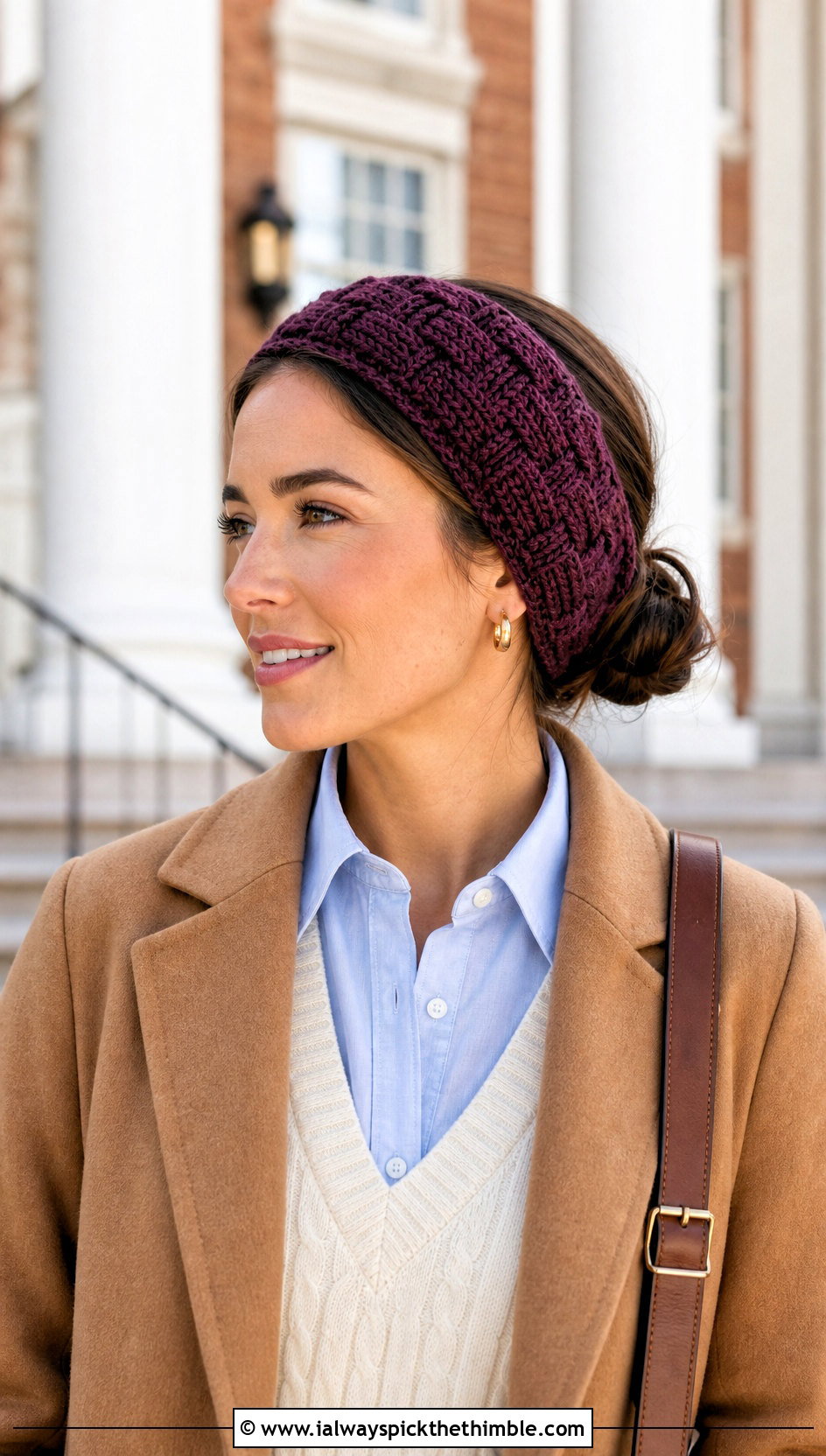 Basketweave Crochet Ear Headband With Sweater Vest And Jeans - 20 crochet ear headband outfit ideas