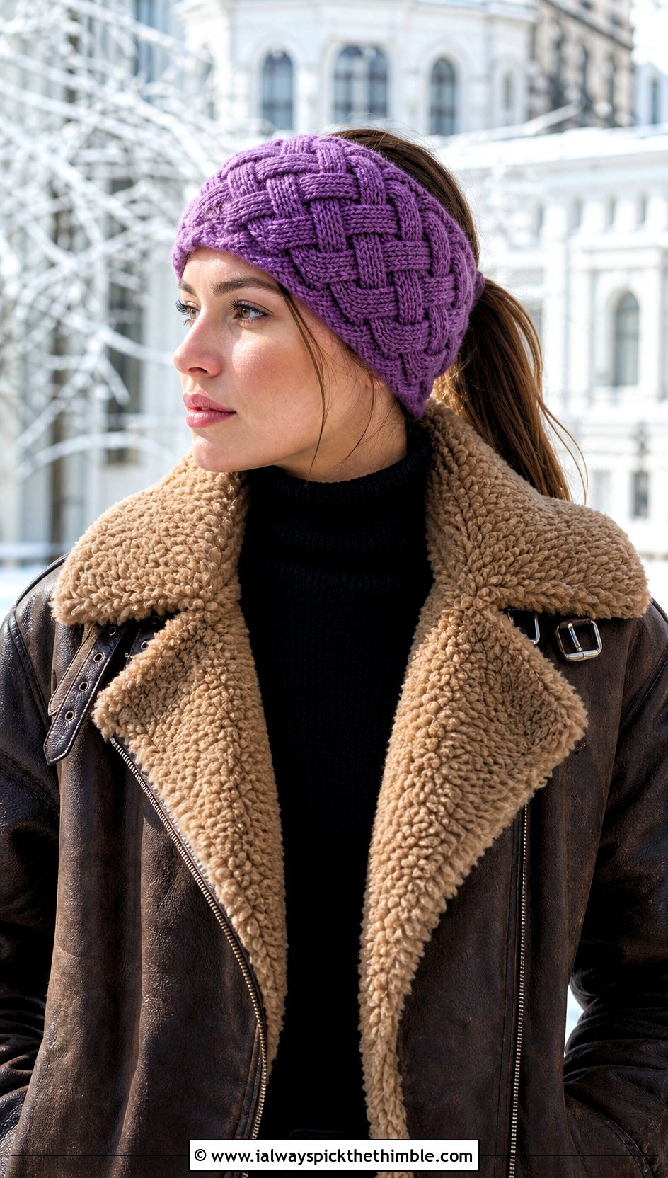 Basketweave Crochet Ear Warmer With Shearling Jacket - 20 Crochet Headband Ear Warmer outfit ideas