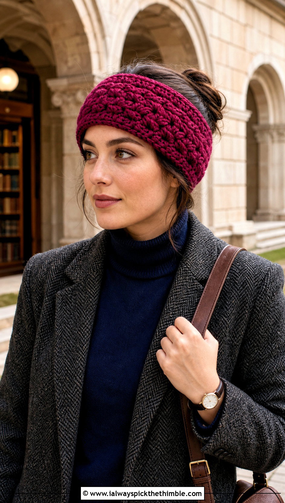 Basketweave Crochet Earwarmer With Tweed Blazer - 25 crochet earwarmer outfit ideas