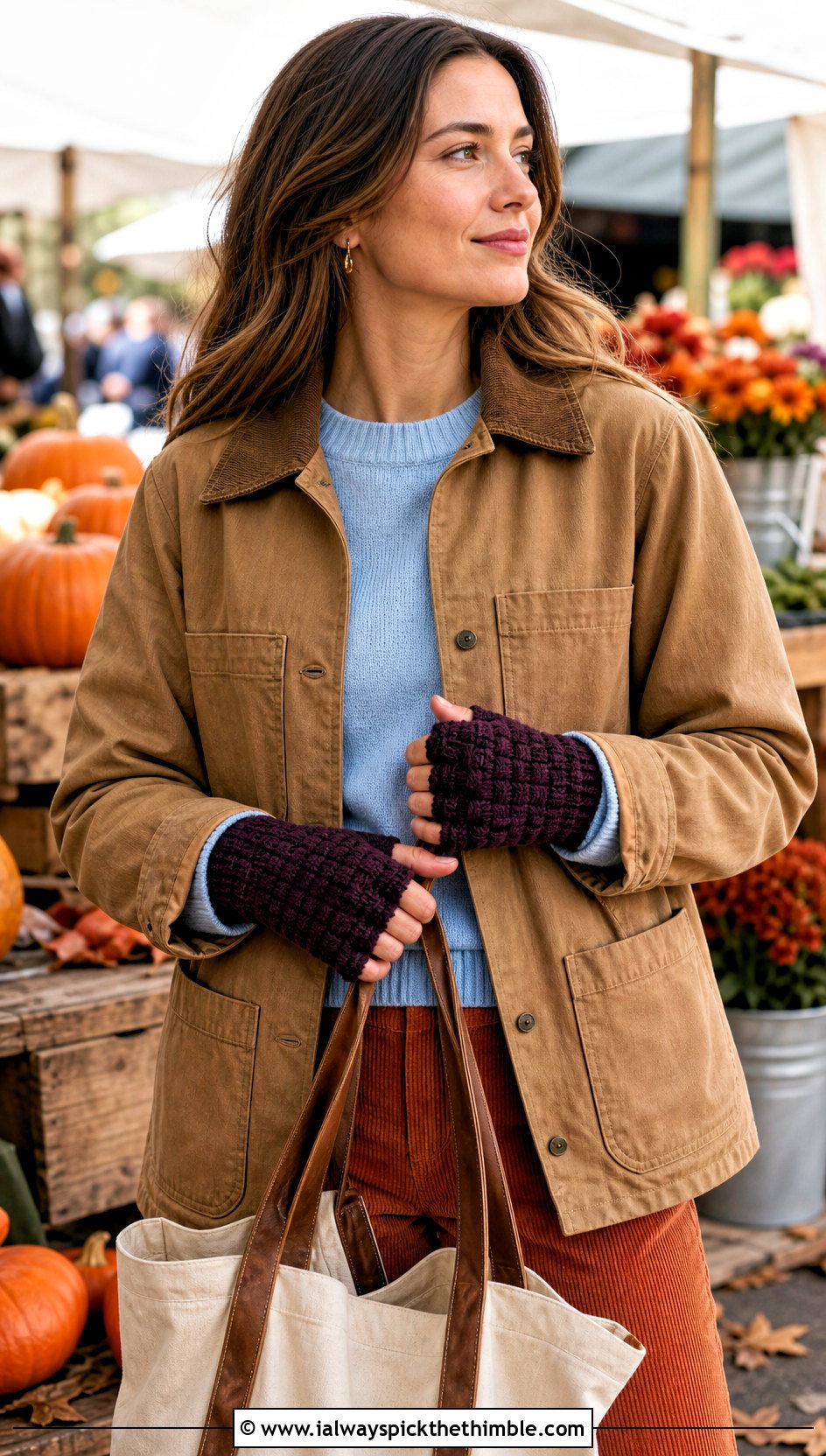 Basketweave Crochet Fingerless Mittens With Barn Jacket And Corduroy Pants - 20 crochet fingerless mittens outfit ideas