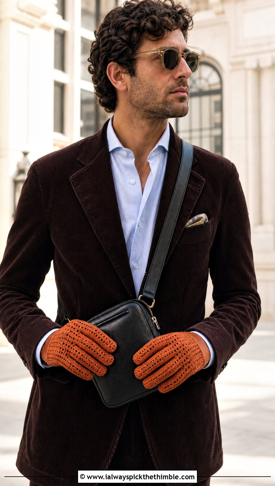 Basketweave Crochet Gloves With Corduroy Suit - 20 Crochet Mens Gloves outfit ideas