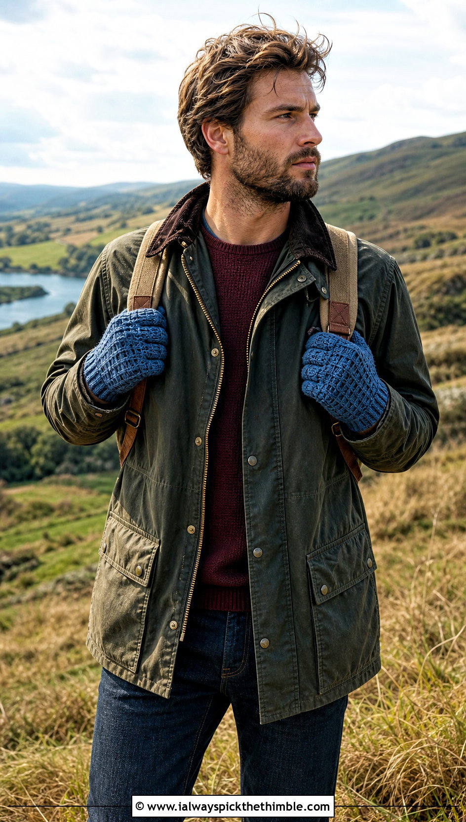 Basketweave Crochet Gloves With Field Coat - 25 men crochet gloves outfit ideas