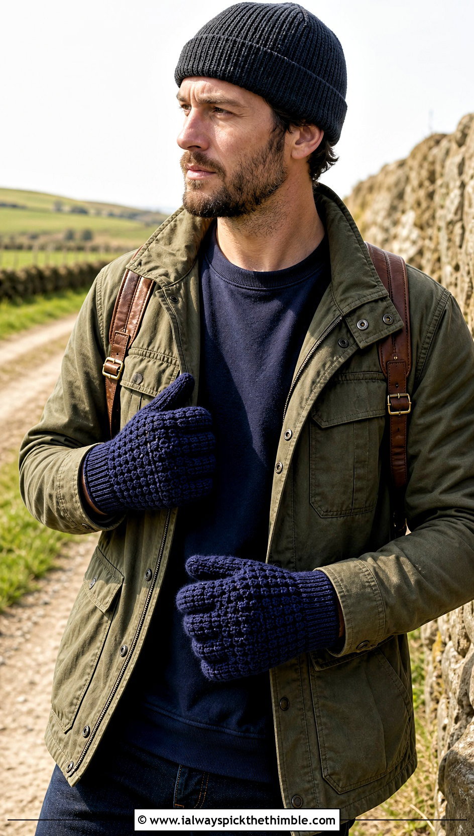 Basketweave Crochet Gloves With Field Jacket - 25 crochet gloves for men outfit ideas
