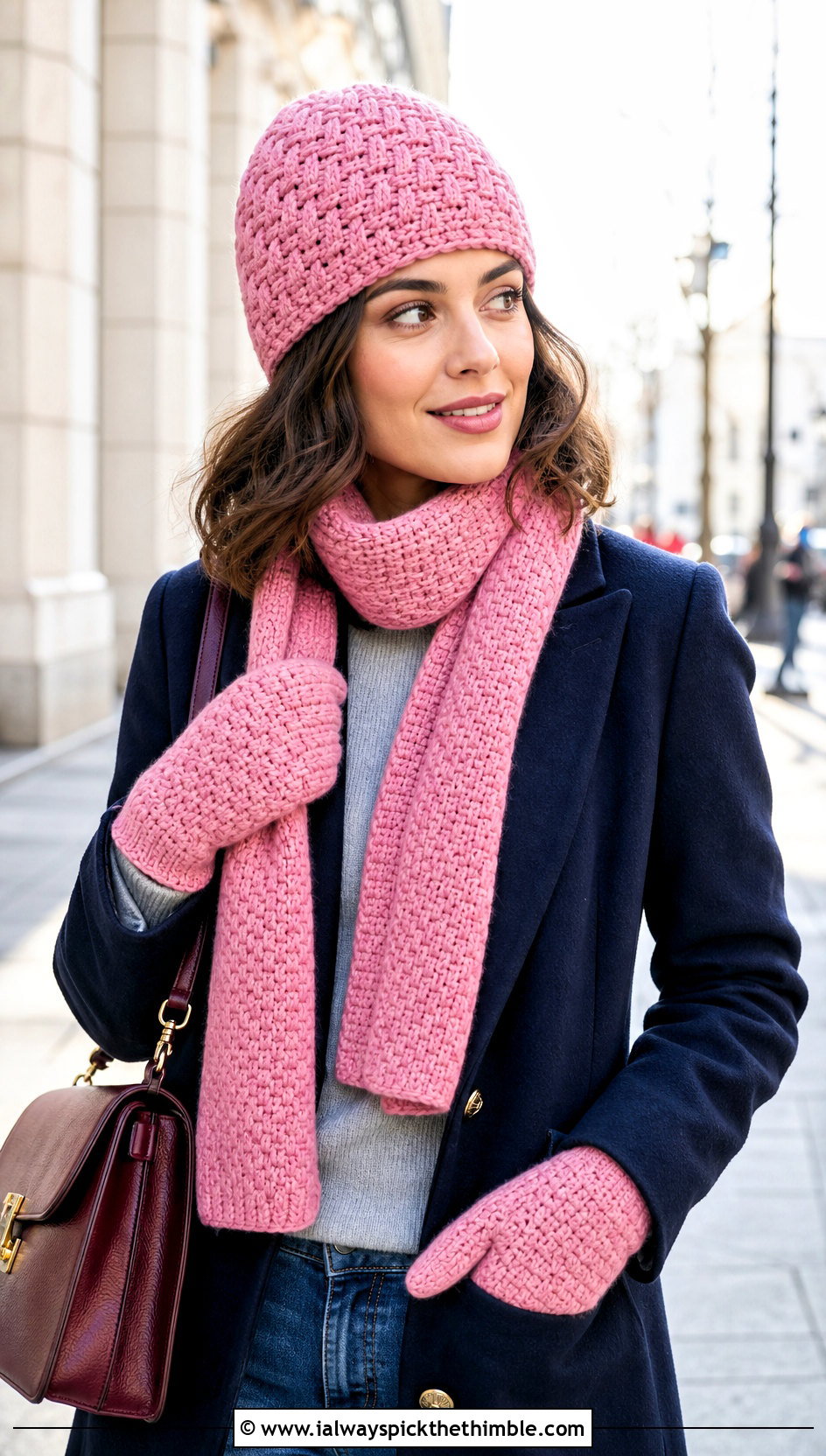 Basketweave Crochet Hat Scarf And Mittens With Blazer And Jeans - 20 Crochet Hat Mittens Scarf Set outfit ideas