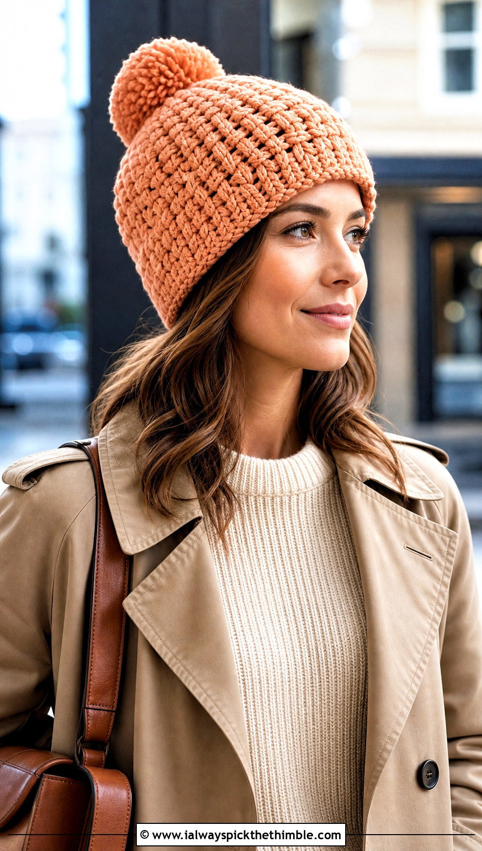 Basketweave Crochet Hat With Pom Pom And Trench Coat - 20 crochet hat with pom pom outfit ideas