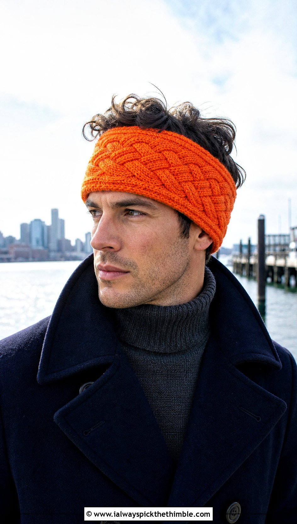 Basketweave Crochet Headband With Peacoat - 20 men's crochet headband outfit ideas