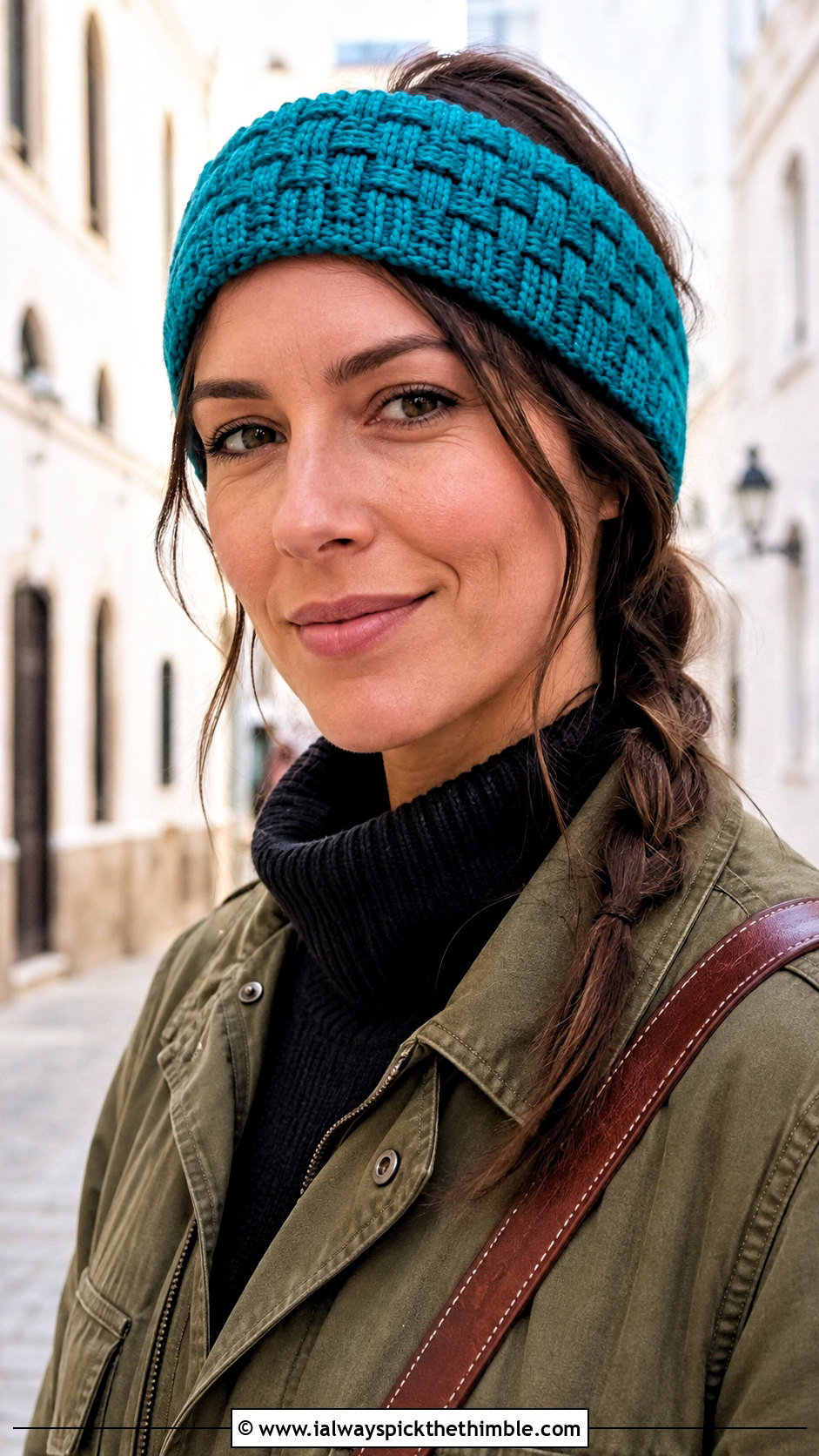 Basketweave Crochet Headband With Utility Coat - 25 crochet winter headband outfit ideas