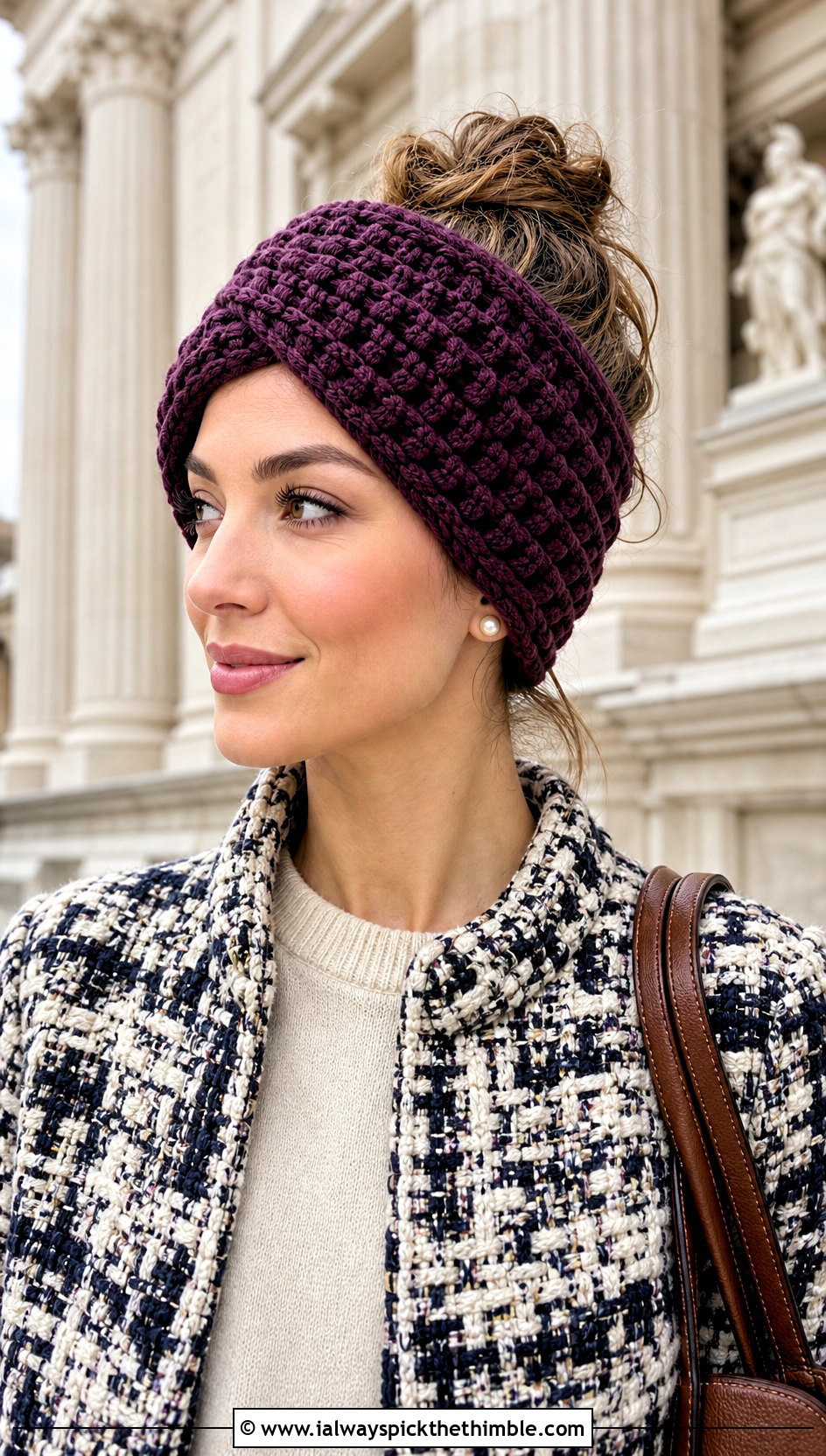 Basketweave Crochet Messy Bun Ear Warmer With Tweed Jacket - 20 Crochet Messy Bun Ear Warmer outfit ideas