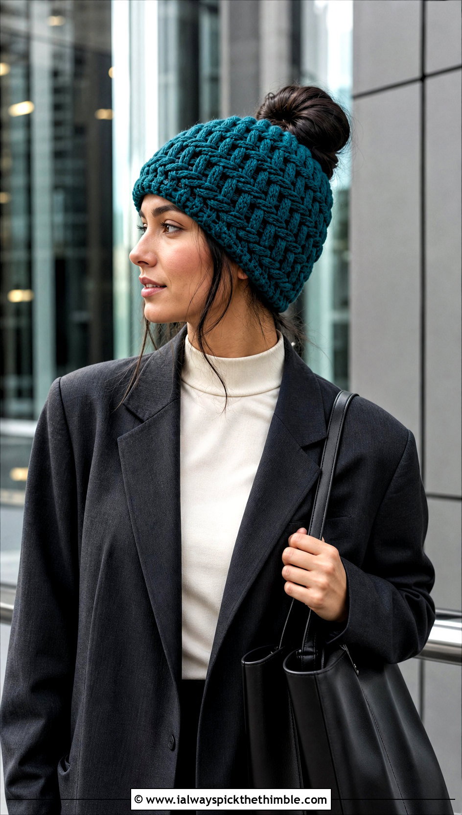 Basketweave Crochet Messy Bun Hat With Blazer - 20 Crochet Messy Bun Hat Bulky Yarn outfit ideas