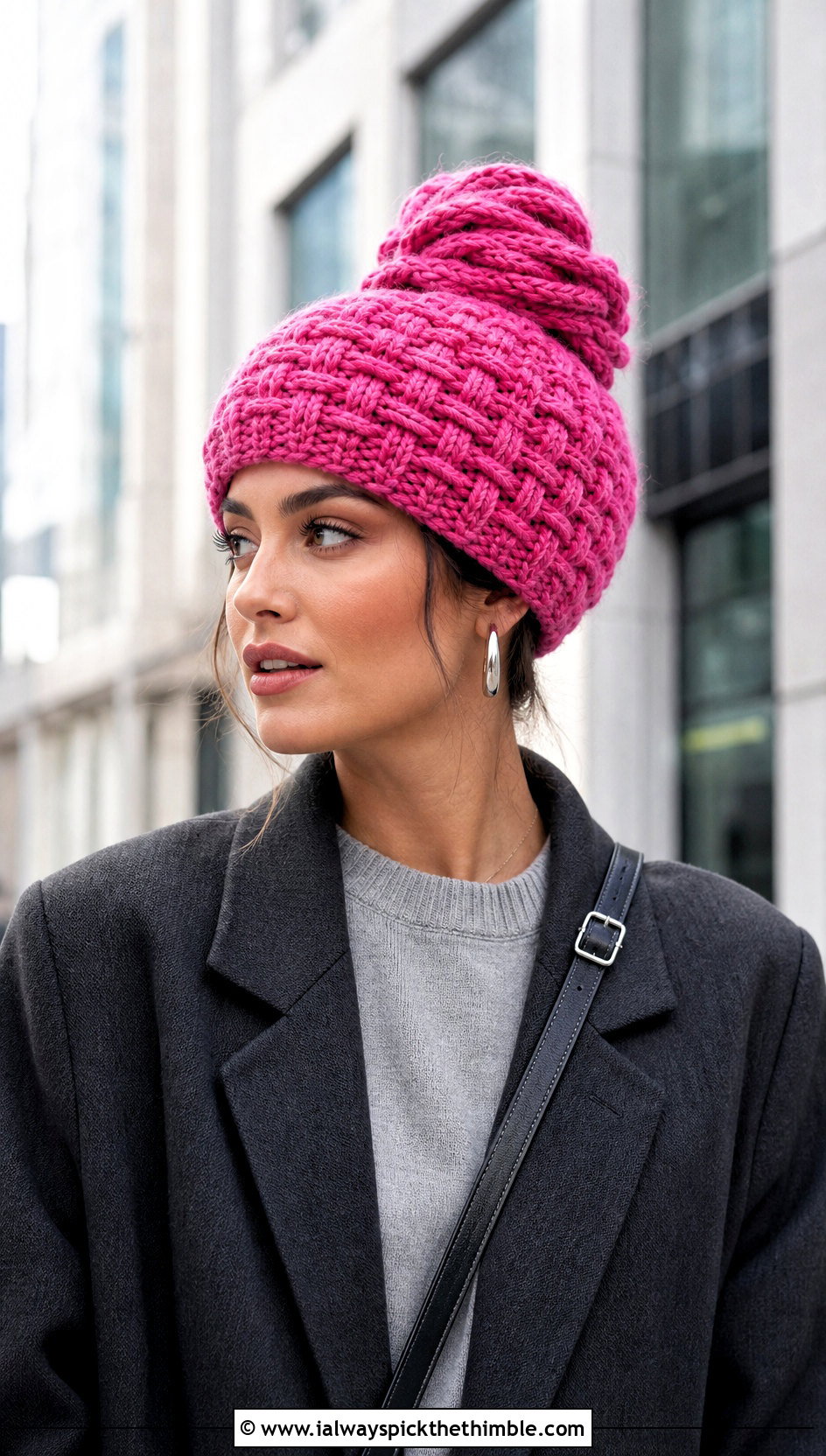 Basketweave Crochet Messy Bun Hat With Blazer - 15 Easy Crochet Messy Bun Hat outfit ideas