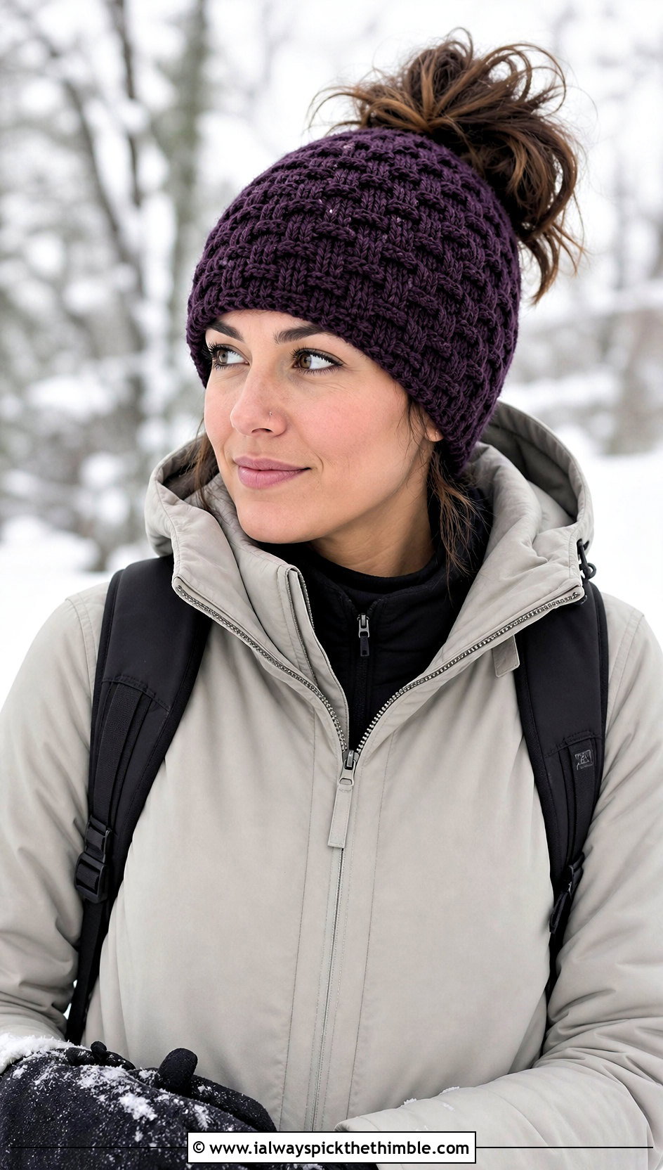 Basketweave Crochet Messy Bun Hat With Elastic And Parka - 20 Crochet Messy Bun Hat With Elastic outfit ideas