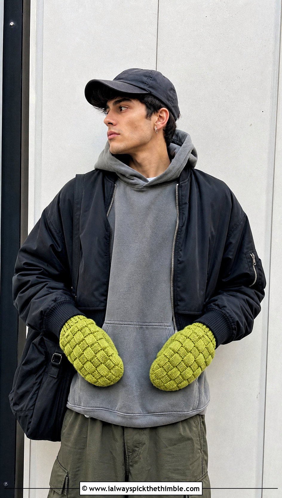 Basketweave Crochet Mittens With Hoodie And Cargo Pants - 20 Mens Crochet Mittens outfit ideas