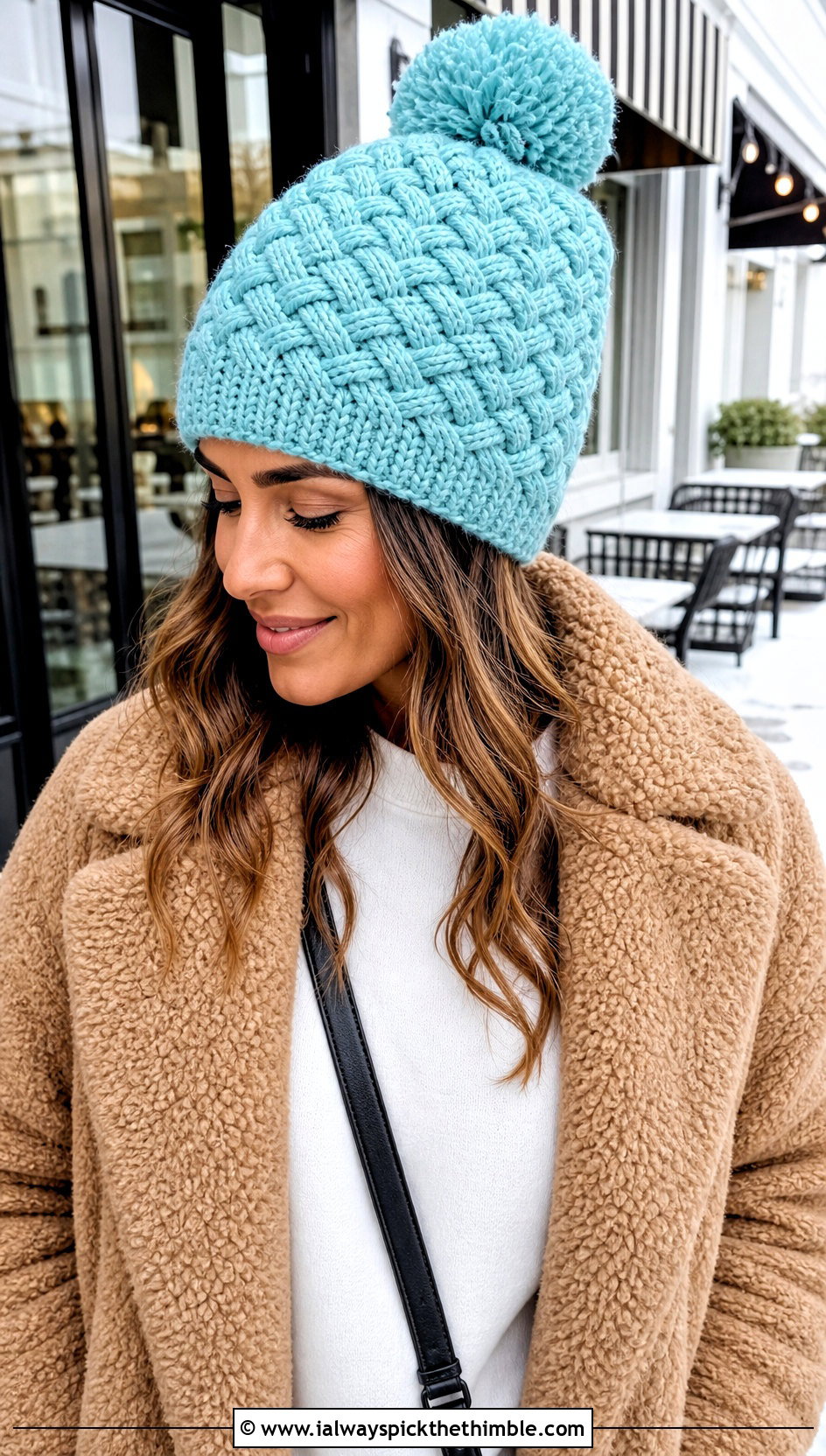 Basketweave Crochet Pom Pom Beanie With Teddy Coat - 20 crochet beanie with pom pom outfit ideas