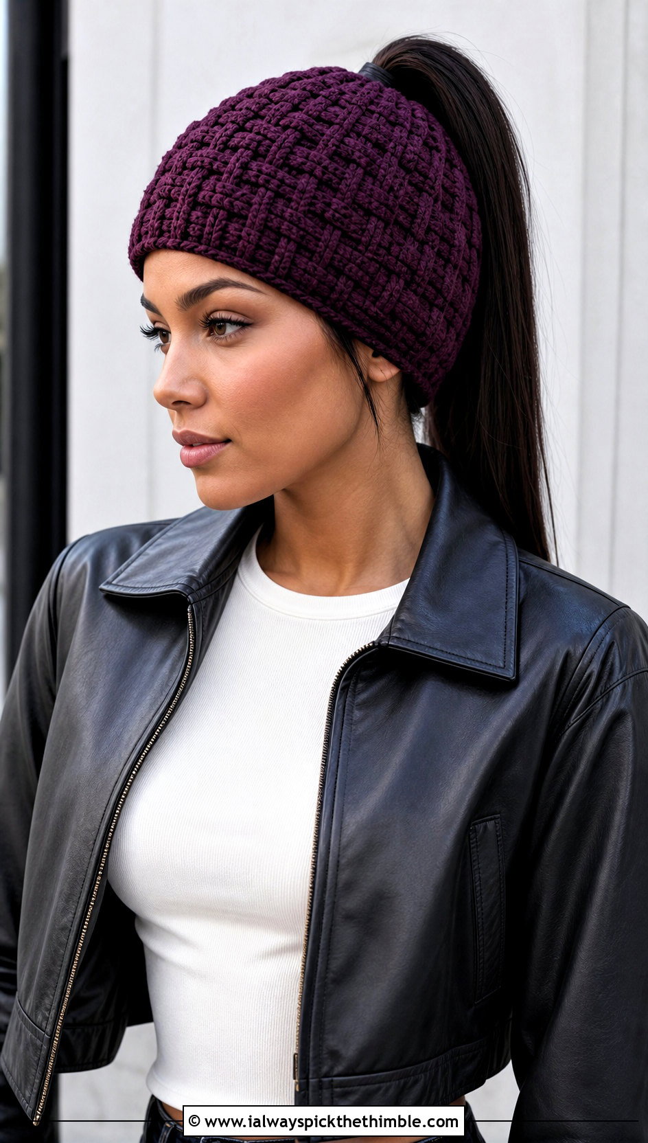 Basketweave Crochet Ponytail Hat With Leather Jacket - 20 easy crochet ponytail hat outfit ideas