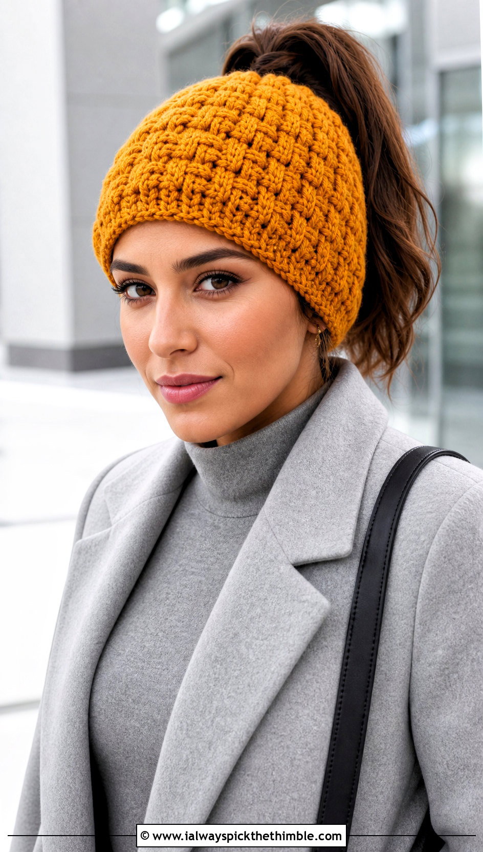 Basketweave Crochet Ponytail Hat With Monochrome Outfit - 25 crochet ponytail hat outfit ideas
