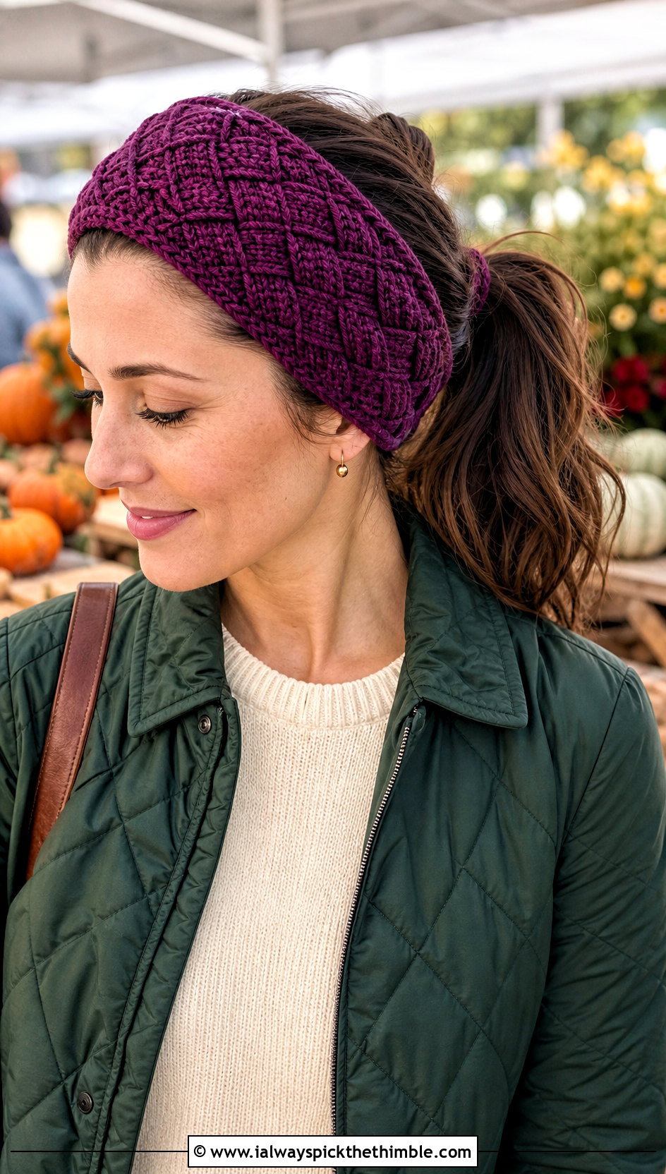 Basketweave Crochet Ponytail Headband With Quilted Jacket - 20 crochet headband with ponytail hole outfit ideas