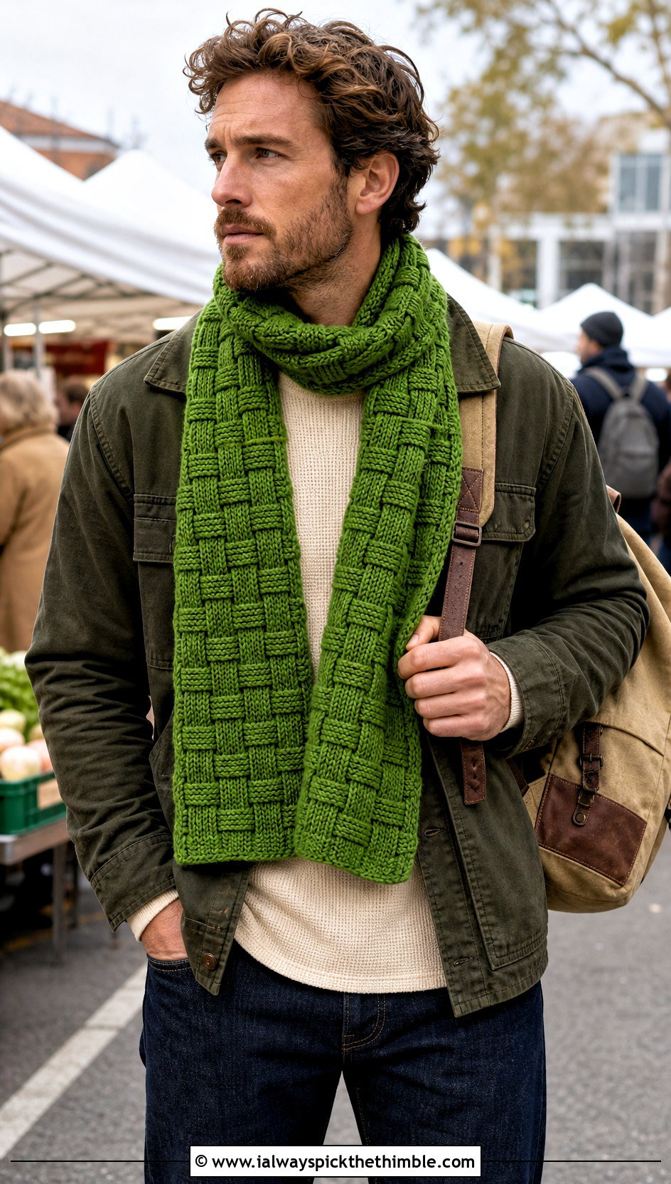 Basketweave Crochet Scarf With Chore Jacket - 25 men's crochet scarf outfit ideas