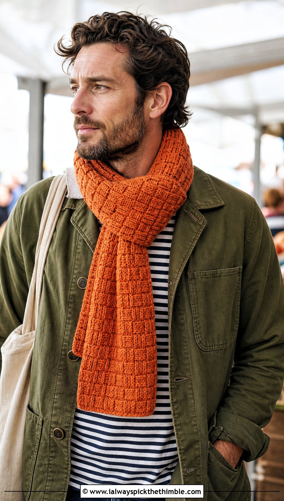 Basketweave Crochet Scarf With Chore Jacket - 25 men crochet scarf outfit ideas