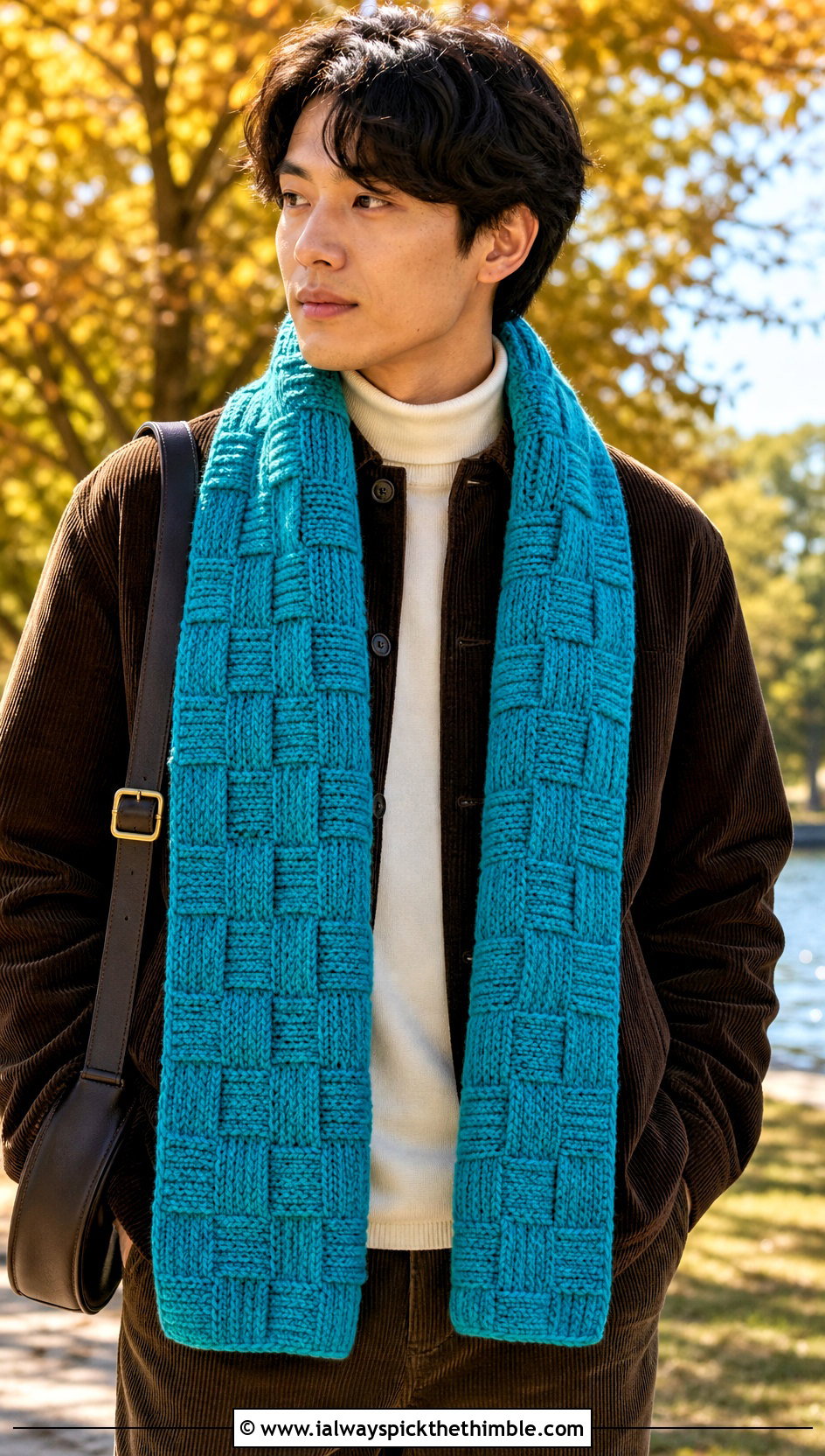 Basketweave Crochet Scarf With Corduroy Jacket - 25 crochet scarf for men outfit ideas