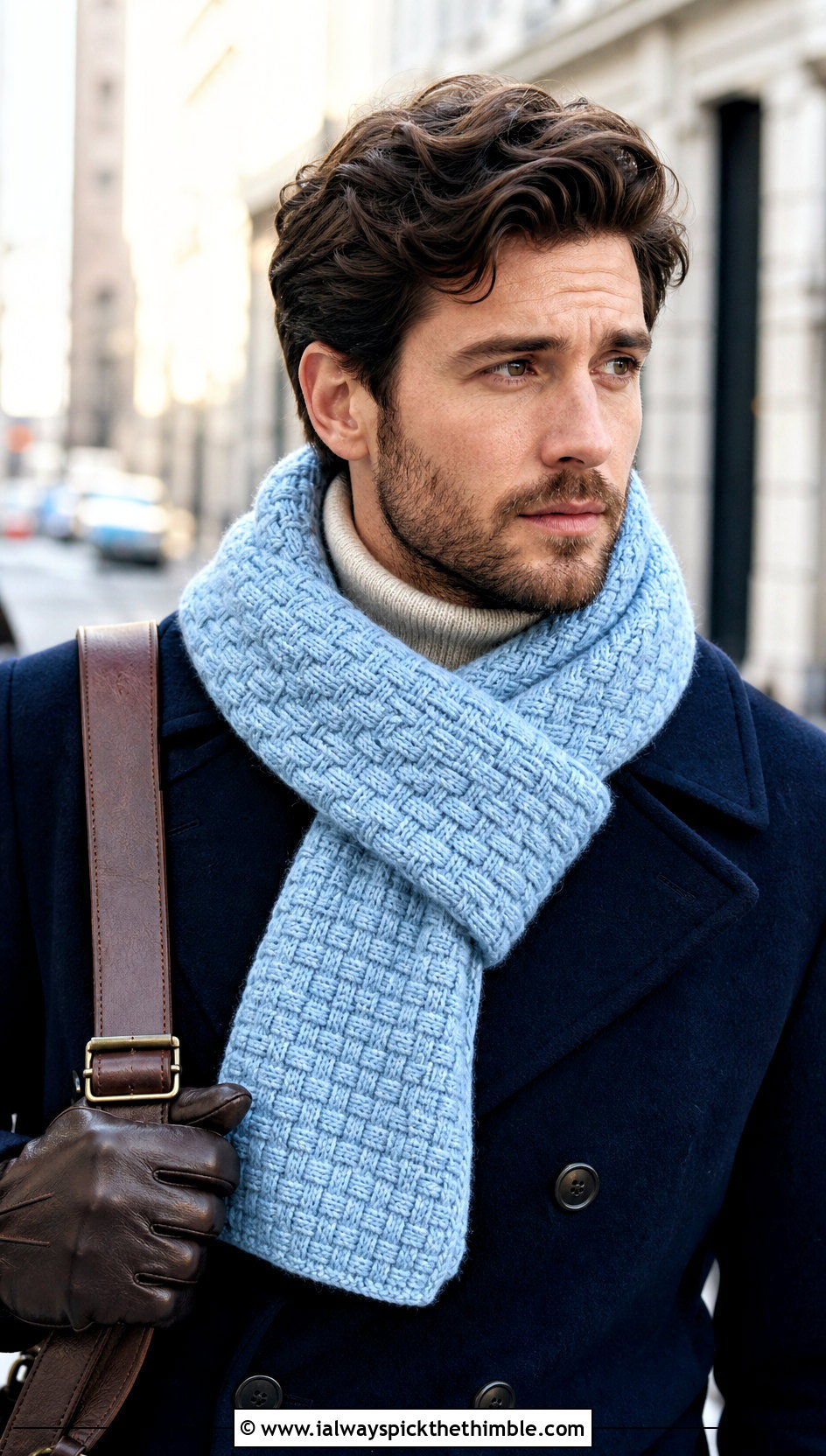 Basketweave Crochet Scarf With Peacoat - 20 Mens Winter Crochet Scarf outfit ideas