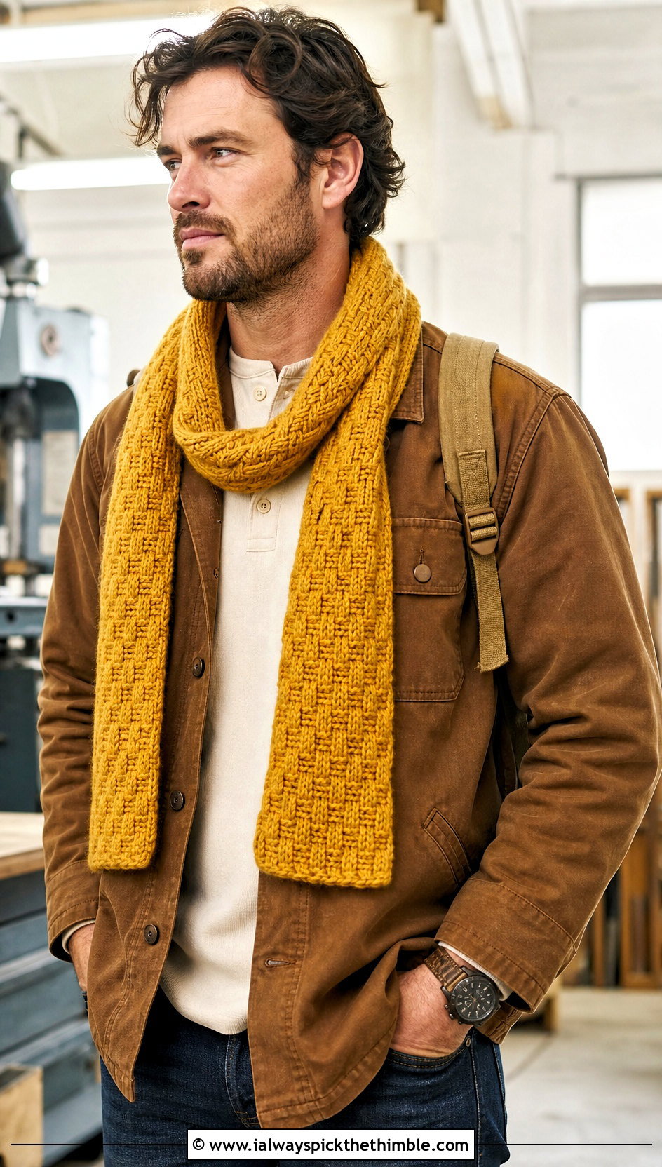 Basketweave Crochet Scarf With Workwear Outfit - 20 men's crocheted scarf outfit ideas