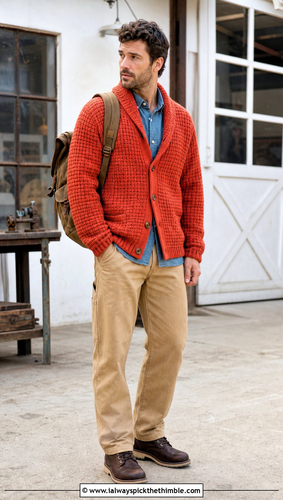 Basketweave Crochet Shawl Collar Cardigan With Carpenter Pants - 20 Mens Crochet Shawl Collar Cardigan outfit ideas