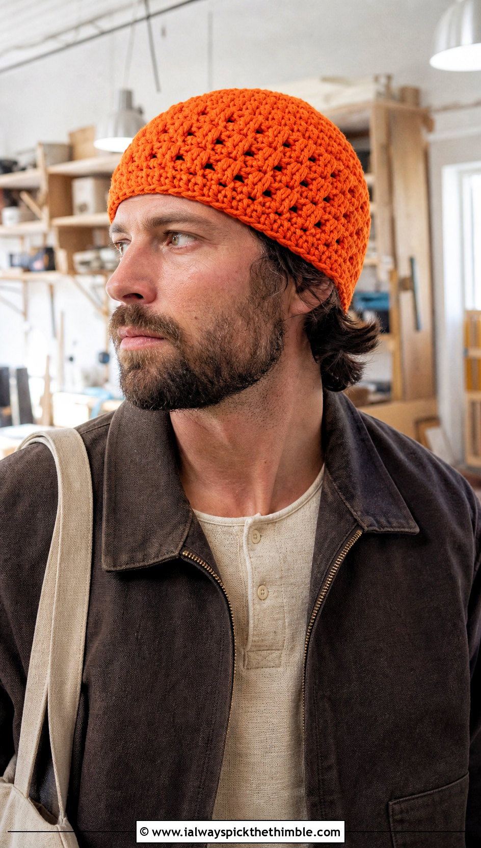 Basketweave Crochet Skull Cap With Work Jacket And Carpenter Pants - 20 Mens Crochet Skull Cap outfit ideas