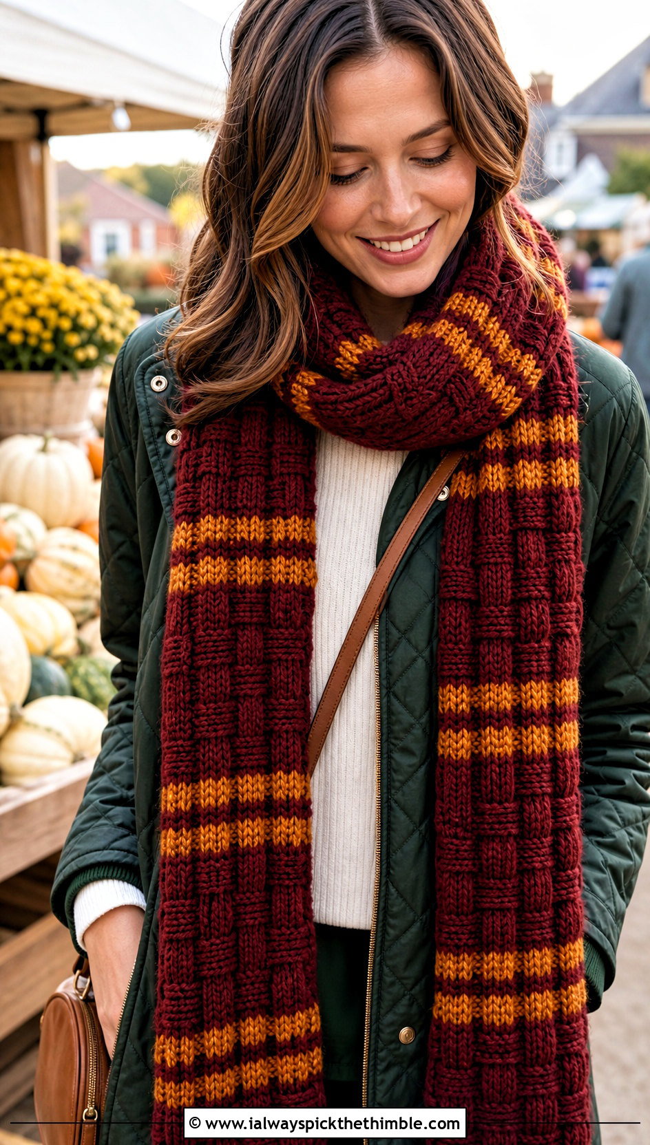 Basketweave Gryffindor Crochet Scarf With Quilted Jacket - 20 gryffindor crochet scarf outfit ideas